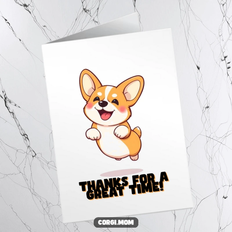 Funny Free Printable Thank You Card: A playful Corgi with large ears performs a funny, low jump, conveying thanks.