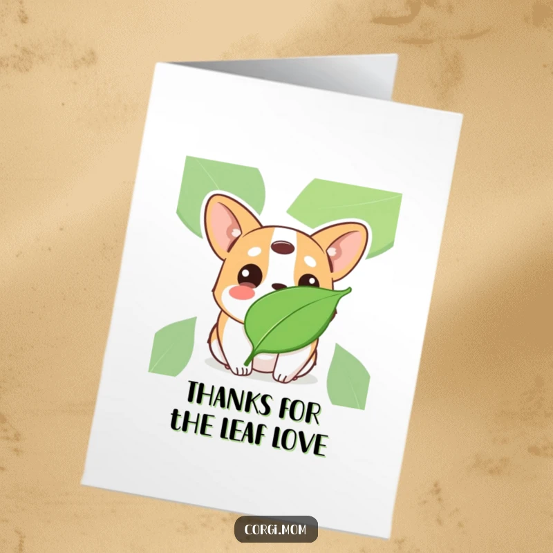 Funny Free Printable Thank You Card: Kawaii Corgi tilting head curiously at a leaf, with innocent eyes.