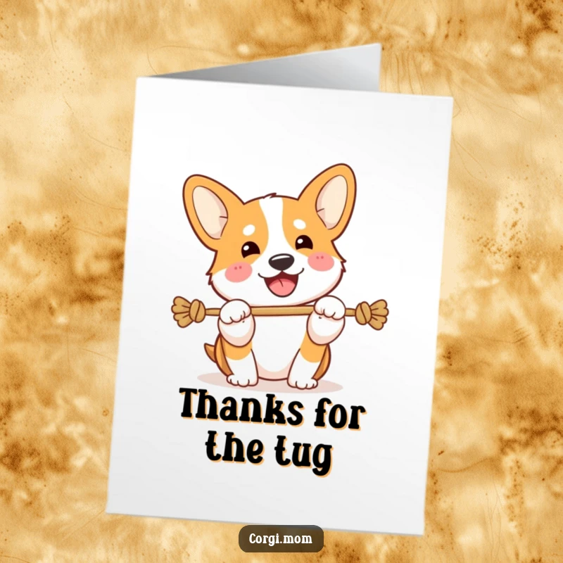 Funny Free Printable Thank You Card: Kawaii Corgi playing tug-of-war with a happy snort, full of energy.