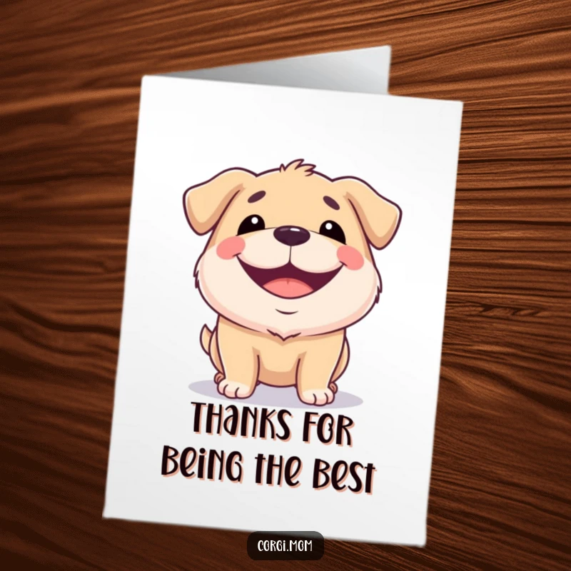 Cheerful free printable thank you card of a squat dog with a massive, happy, wide grin, conveying heartfelt gratitude.