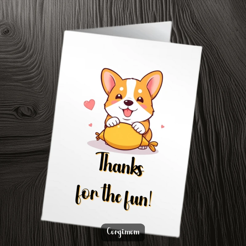 Funny Free Printable Thank You Card: Cute kawaii corgi joyfully pouncing on a squeaky toy, expressing thanks with playful energy.