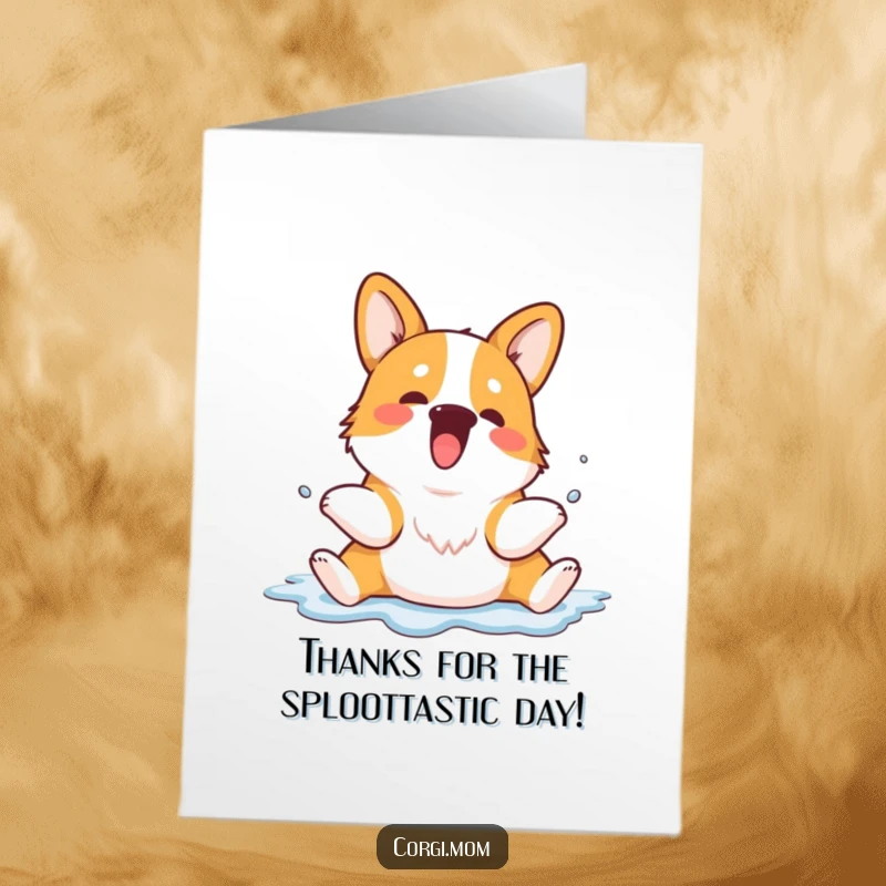 Funny Free Printable Corgi Thank You Card: A happy kawaii corgi enthusiastically splooting, sending thanks with maximum silliness and charm.