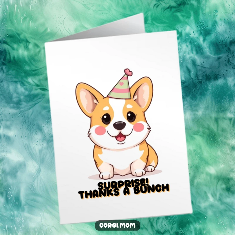 Funny Free Printable Thank You Card: A Kawaii Corgi wearing a tiny party hat, looking wide-eyed and surprised.