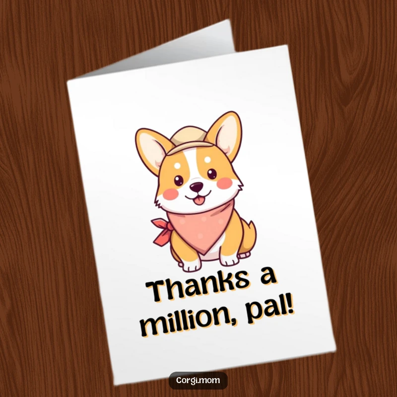 Funny Free Printable Thank You Card: Kawaii corgi wearing a festive bandana and hat, offering a cute thank you gesture.