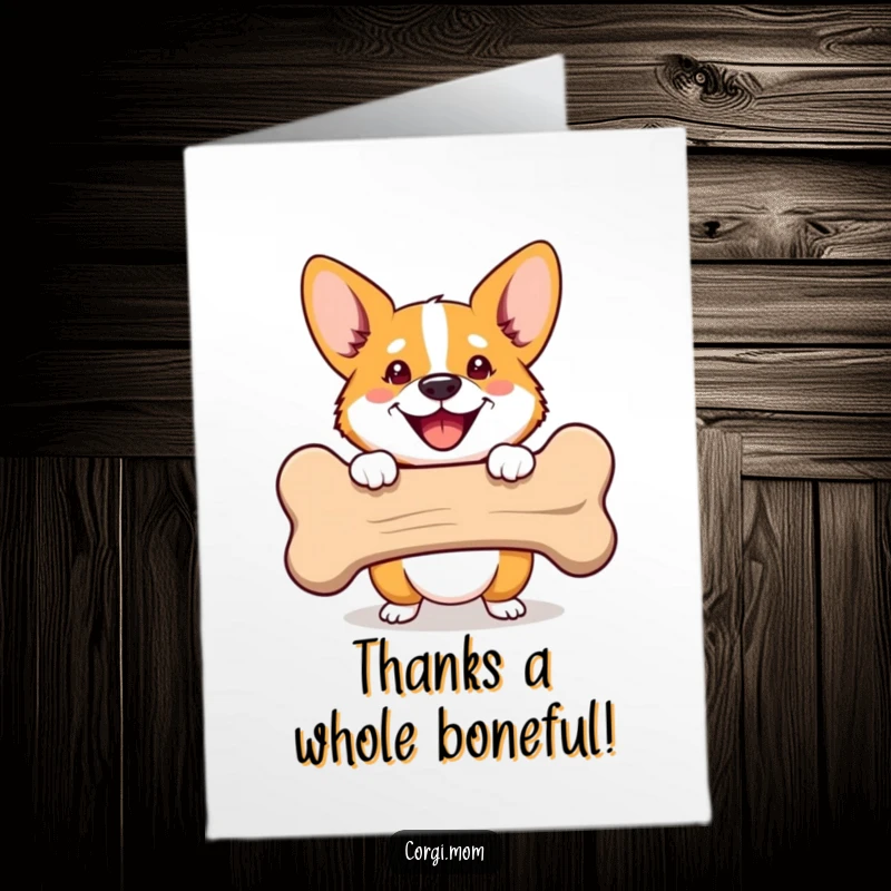 Funny Free Printable Thank You Card: Happy Corgi peeking from behind a large bone, offering a cute and funny expression of thanks.