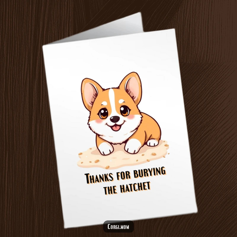 Funny free printable thank you card: A kawaii Corgi with gleeful, happy eyes is caught mid-dig, enjoying soft sand playfully.
