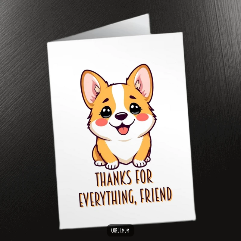 Funny Free Printable Thank You Card: Cute kawaii corgi with a comical head tilt, conveying sincere thanks and affection.