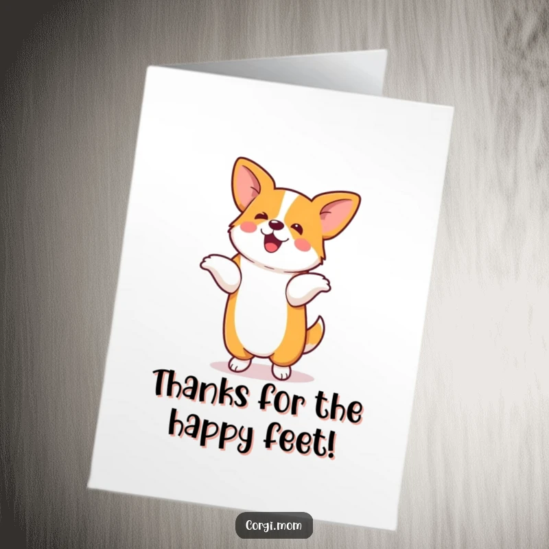 Funny Free Printable Thank You Card: A kawaii corgi doing a silly dance on its hind legs, expressing gratitude enthusiastically.