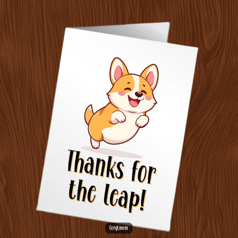 Funny Free Printable Corgi Thank You Card: Happy Corgi performing a funny squatting leap of appreciation.