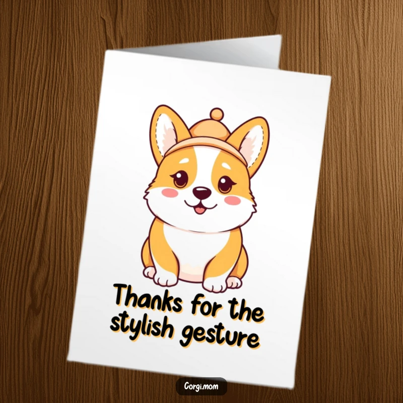 Funny free printable thank you card: A kawaii Corgi with a wonderfully comical expression dons a miniature hat worn jauntily askew.