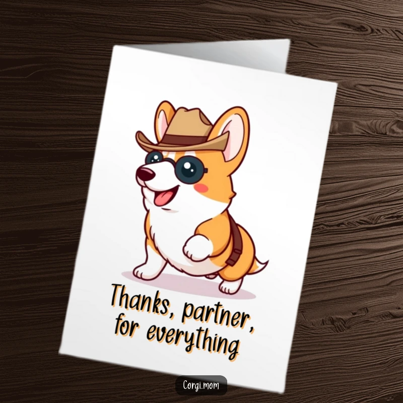 Funny Free Printable Thank You Card: Kawaii Corgi wearing a tiny cowboy hat, proudly trotting, expressing thanks, western.