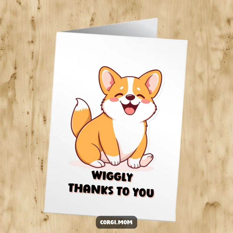 Funny Free Printable Thank You Card: A cute Kawaii Corgi is wiggling its whole body with pure, unadulterated joy and thanks.