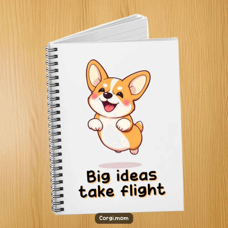 Playful Corgi with large ears mid-funny airborne jump, on the cover of a fun and functional notebook.
