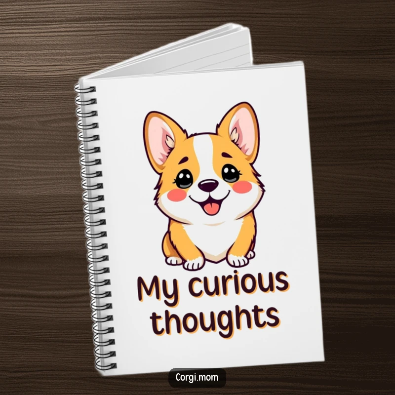 Funny notebook featuring a kawaii corgi with a comical, happy head tilt, perfect for jotting down thoughts.
