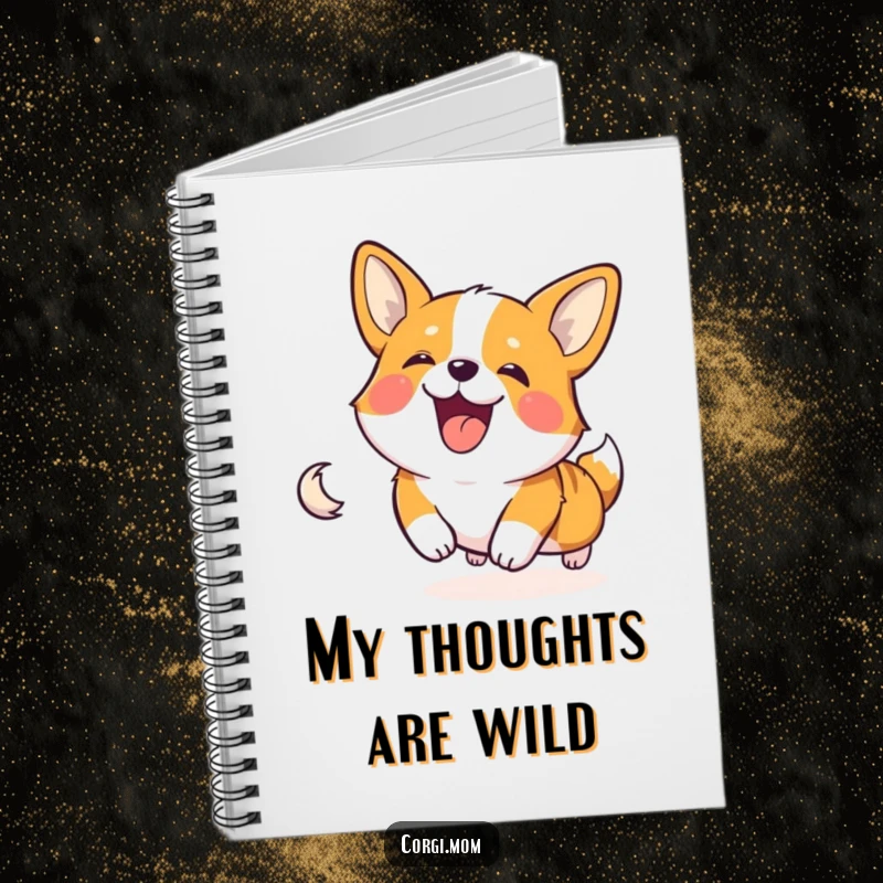 Happy Corgi character gleefully chasing its tail, on the cover of a fun and functional notebook.