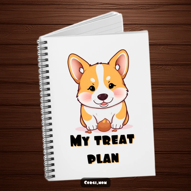 Funny Corgi notebook, a Corgi intensely focused on a dropped treat, ideal for writing down ideas.