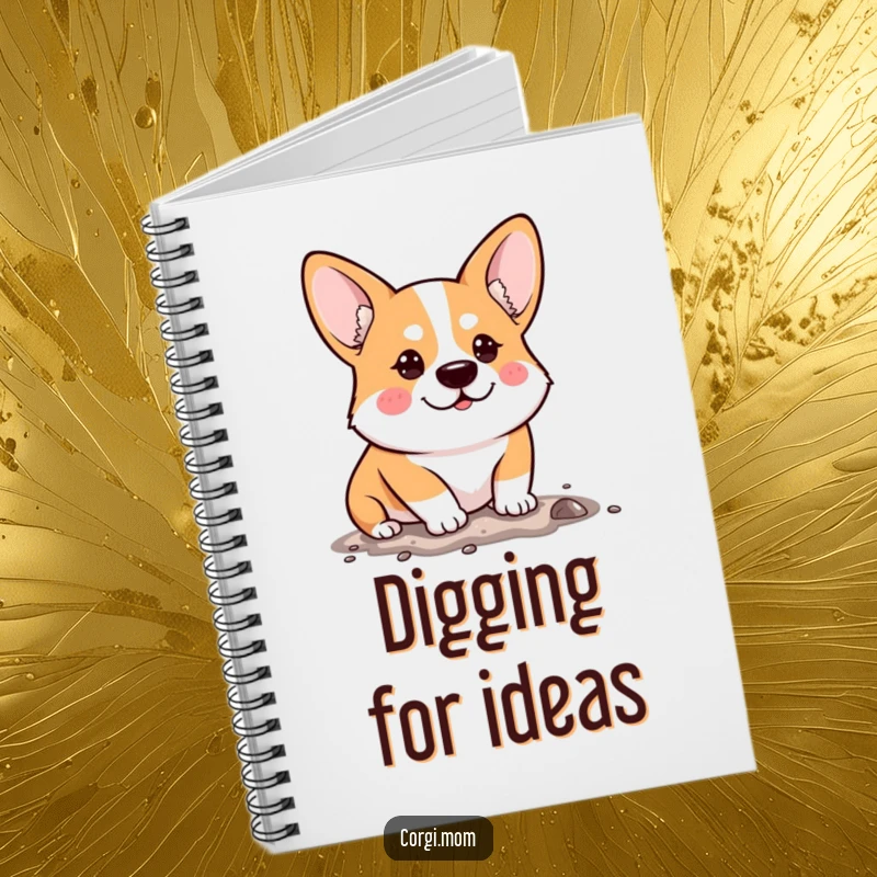Funny Notebook with a determined Kawaii Corgi humorously digging, inspiring notes and plans with unwavering focus.