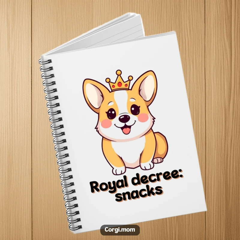 Funny Happy Corgi Notebook showing a cute Corgi dog wearing a tiny crown, ideal for humorous royal journaling and note-taking.