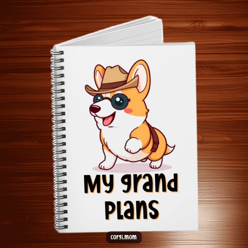 Funny Kawaii Corgi proudly trotting wearing a tiny cowboy hat, a humorous and inspiring notebook.