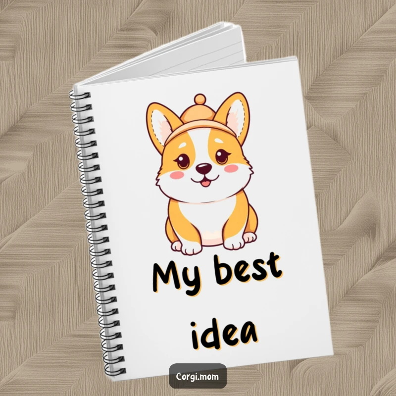 Funny Kawaii Corgi notebook, comical expression, miniature hat askew, perfect for jotting down thoughts with a dose of humor.