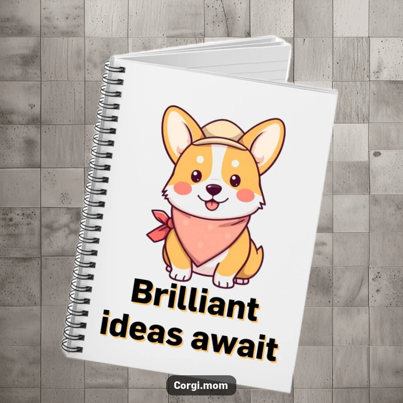 Funny Kawaii Corgi Notebook cover featuring a happy corgi wearing a colorful bandana and a small, stylish hat.