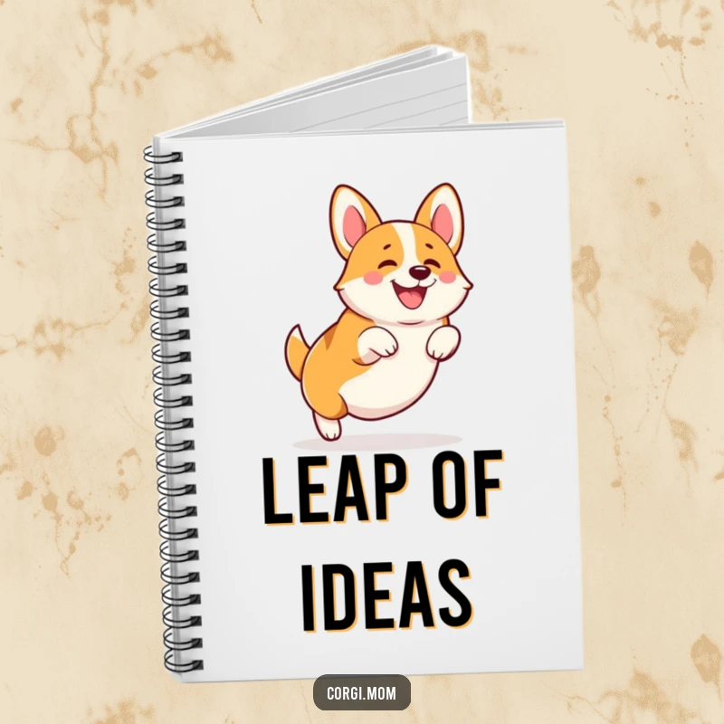 Funny Kawaii Corgi notebook, depicting a happy squatting leap with stubby legs, perfect for jotting down notes or sketching ideas.
