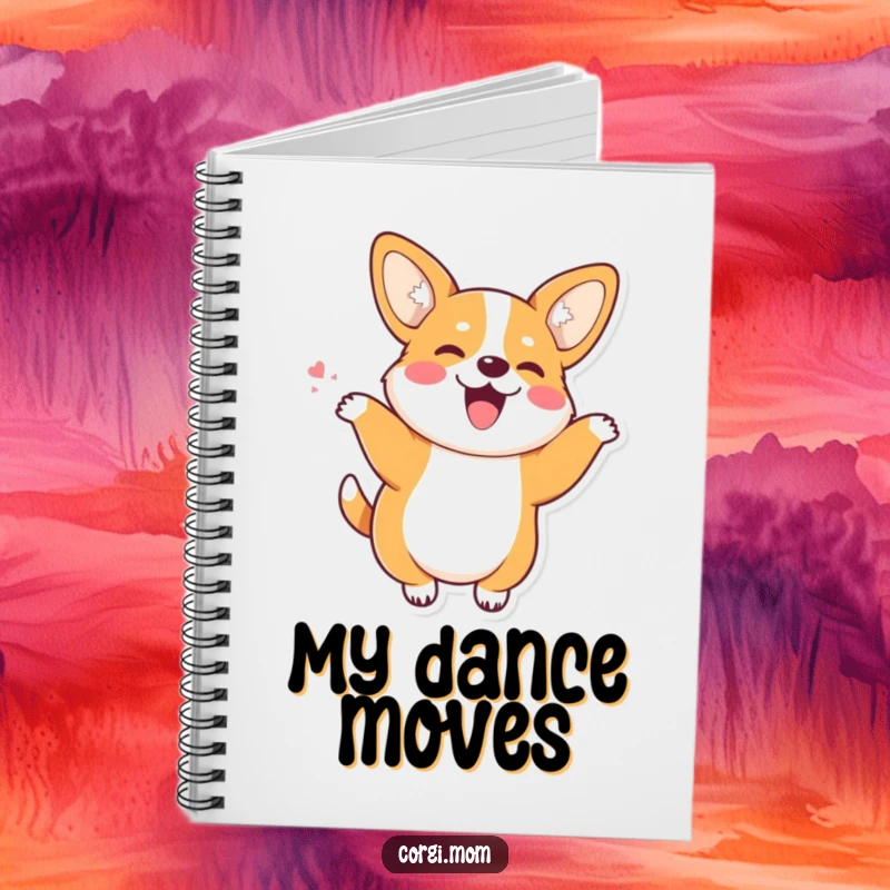 Funny Kawaii Corgi with perky ears doing a joyful wiggle dance, a humorous and inspiring notebook.