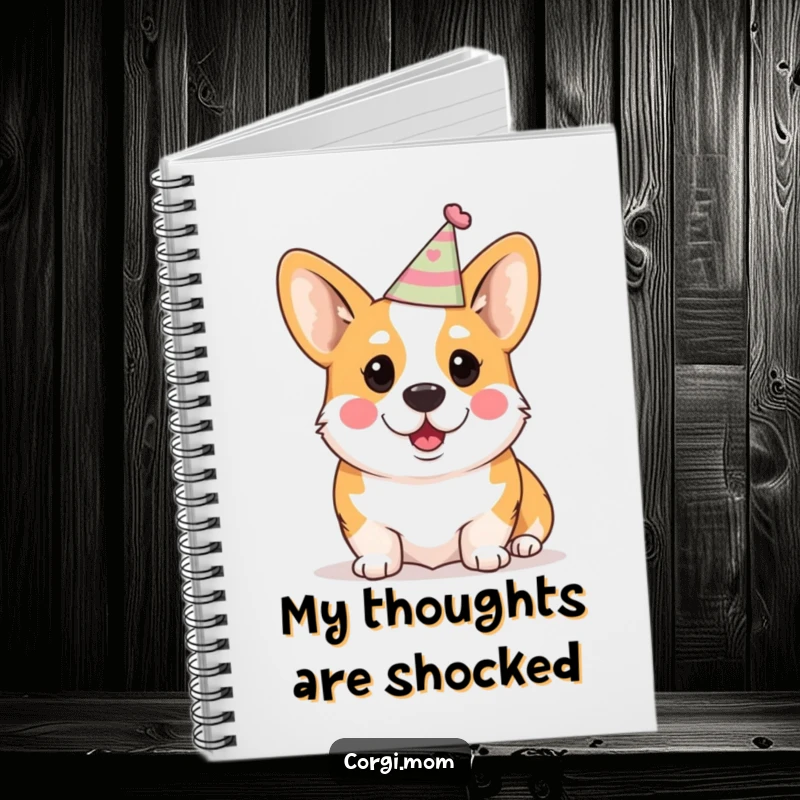 Funny Kawaii Corgi Notebook: A cute Corgi in a party hat looking surprised, perfect for noting ideas.