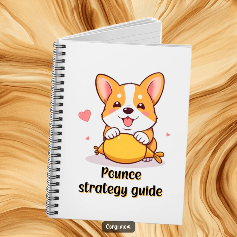 Funny kawaii corgi caught in a humorous pounce on a squeaky toy, featured on the cover of a playful notebook.