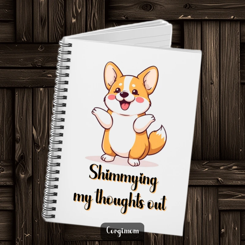 Funny Kawaii Corgi notebook showing a dog doing a playful tail shimmy, perfect for jotting down thoughts with a touch of humor.