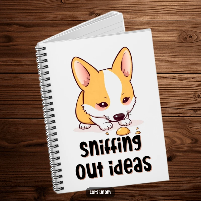 Funny Kawaii Corgi notebook showing a cute dog curiously sniffing the ground, ideal for note-taking with a sense of playful mystery.