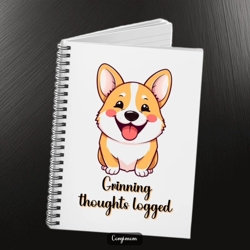 Funny Notebook with a cheerful Kawaii Corgi humorously grinning, inspiring notes and ideas with pure happiness.