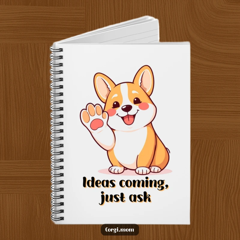 Funny Corgi notebook with a happy Corgi offering a friendly paw and panting, perfect for jotting down ideas.