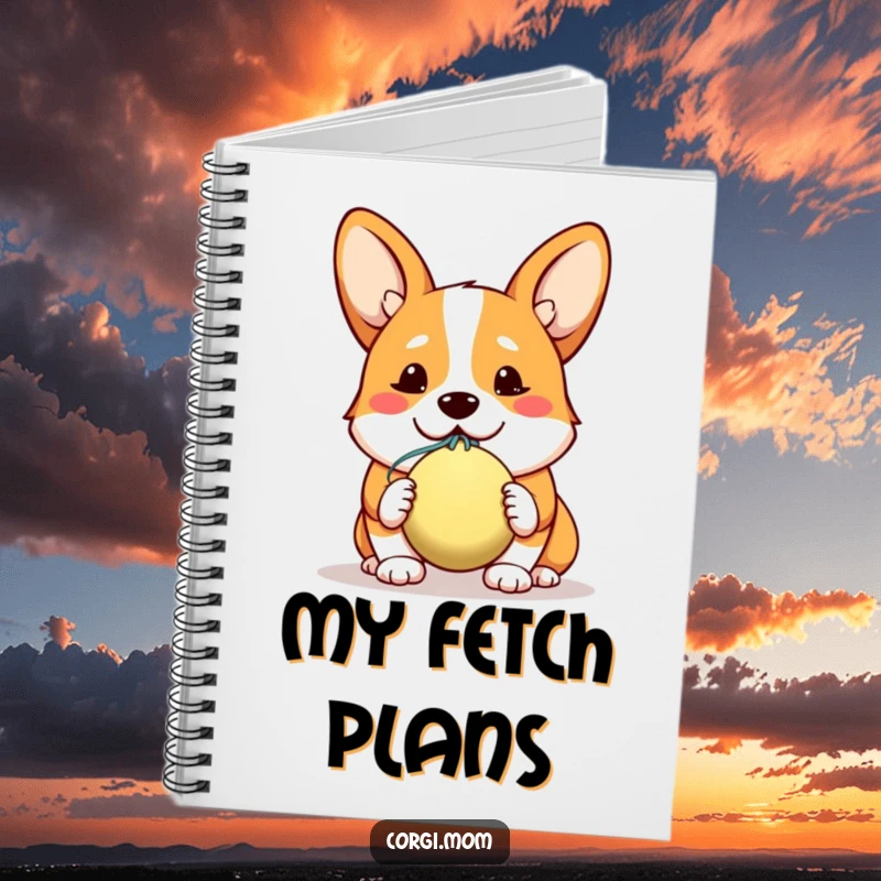 Funny notebook featuring a kawaii corgi offering a slobbery ball with a hopeful expression, perfect for note-taking.