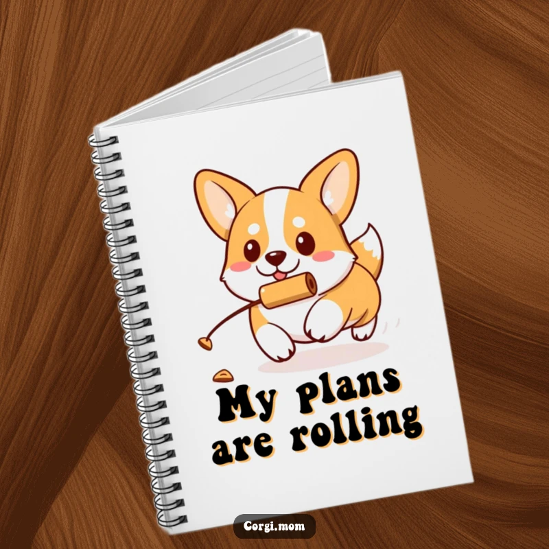 Funny kawaii Corgi with a determined expression chases a rolling treat on this charming notebook, perfect for capturing ideas.