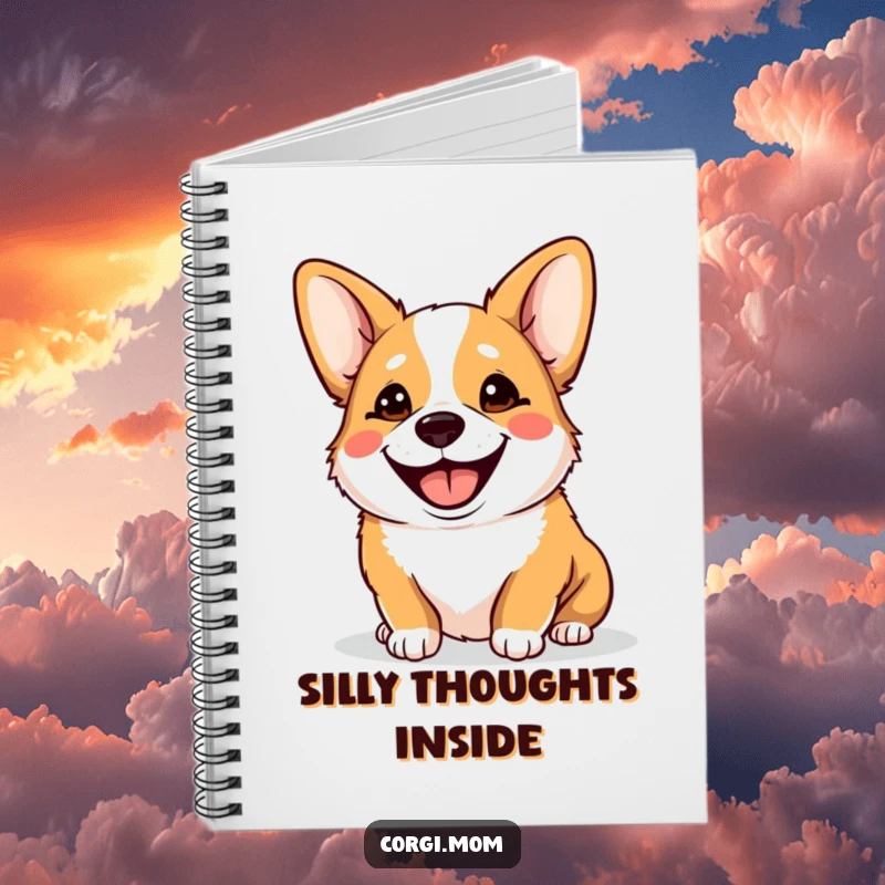 Funny Goofy Corgi Notebook, with a corgi panting happily with a big, goofy smile on the cover, ideal for writing and planning.