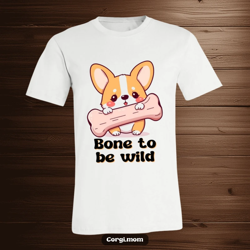 Funny Kawaii Corgi t-shirt, peeking cheekily from behind an oversized bone, showcasing a playful glint, perfect for dog moms and dads.