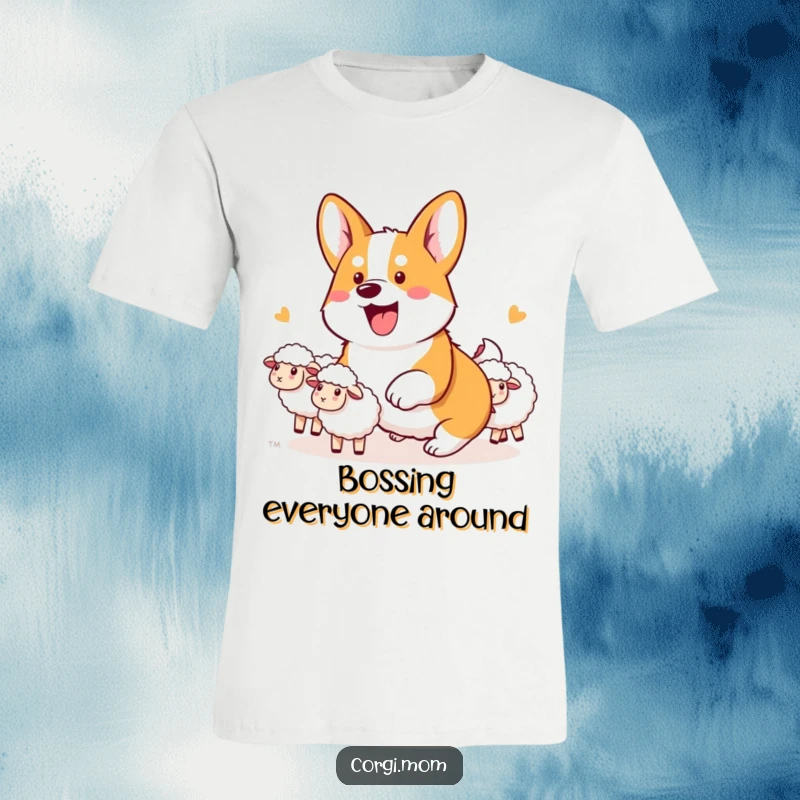 Funny Kawaii Corgi T-Shirt design of a very determined corgi enthusiastically herding invisible sheep with great focus.