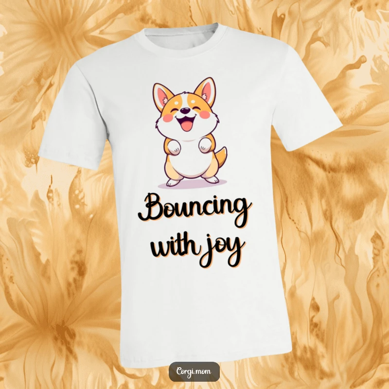 Funny cute Corgi t-shirt performing a joyful, squatting bounce. Perfect for a funny gift and energetic vibes.