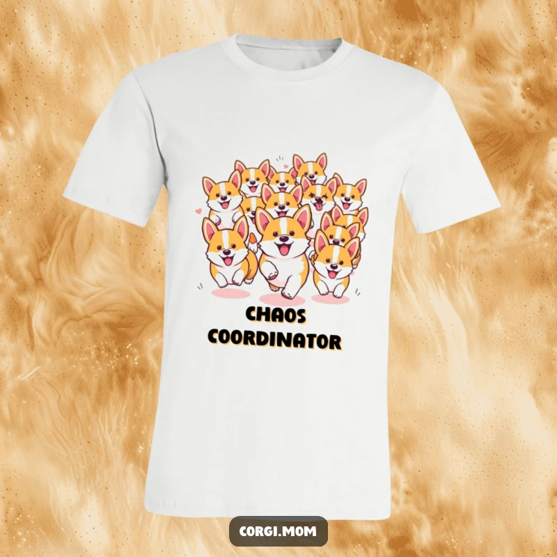 Funny Kawaii Corgi t-shirt depicting a group of adorable dogs running in a joyful, chaotic pack, full of energy.