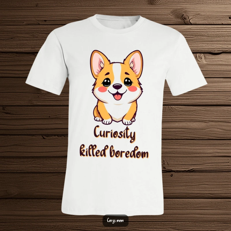Funny t-shirt with a kawaii corgi displaying a comical, happy head tilt, capturing a moment of pure curiosity and joy.