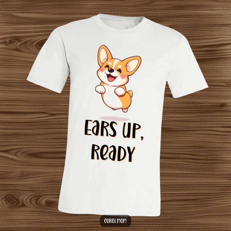 A playful Corgi with enormous ears captured mid-air doing a funny, low-flying jump, printed on a fun t-shirt.