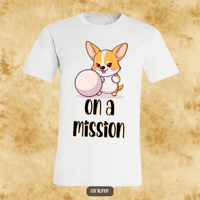 Funny t-shirt showing a determined Corgi intently pushing a large bouncy ball, embodying focus and playful effort.