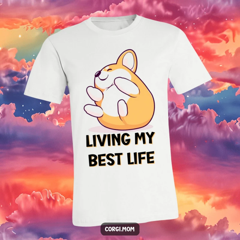 Funny Corgi mid-roll with ecstatic joy, depicted on a soft t-shirt, ideal for dog lovers seeking humor.