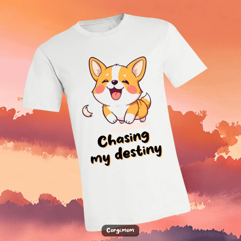 A happy Corgi character in mid-spin, hilariously chasing its own tail, printed on a fun t-shirt.