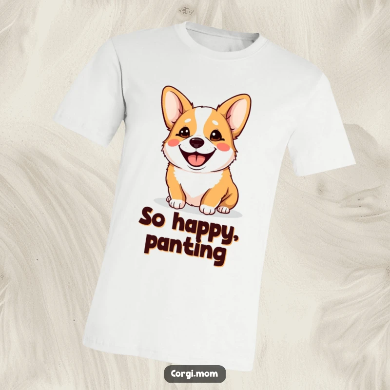 Funny Goofy Corgi T-Shirt, panting with a wide, silly smile, capturing a moment of pure canine delight, great for casual wear.