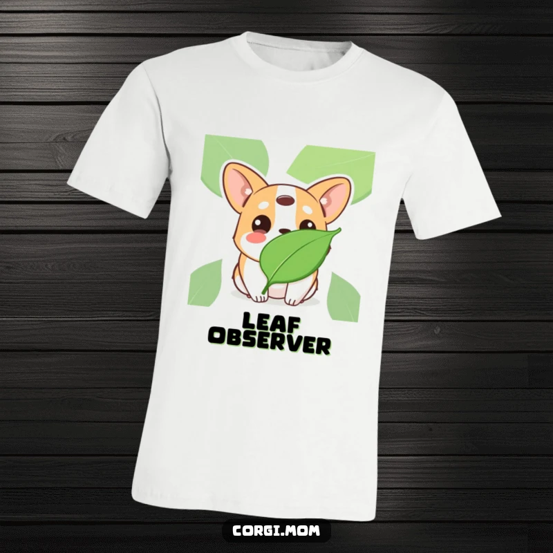 Funny Kawaii Corgi t-shirt, tilting head with innocent eyes at a floating leaf, whimsical and humorous design.