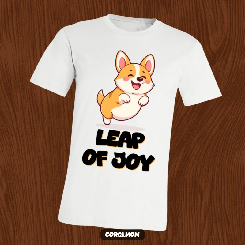 Funny Kawaii Corgi t-shirt, depicted in a joyful squatting leap with stubby legs, radiating happiness and energy, perfect for pet owners.