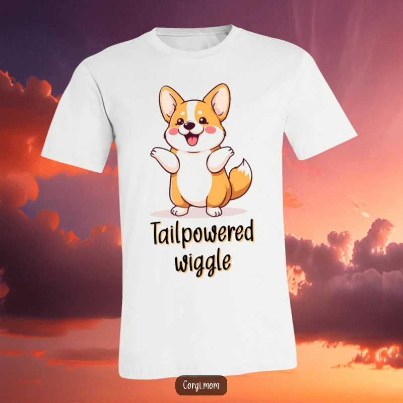 Funny Kawaii Corgi t-shirt showing a happy dog performing a delightful tail shimmy, perfect for fans of cute and funny dog art.