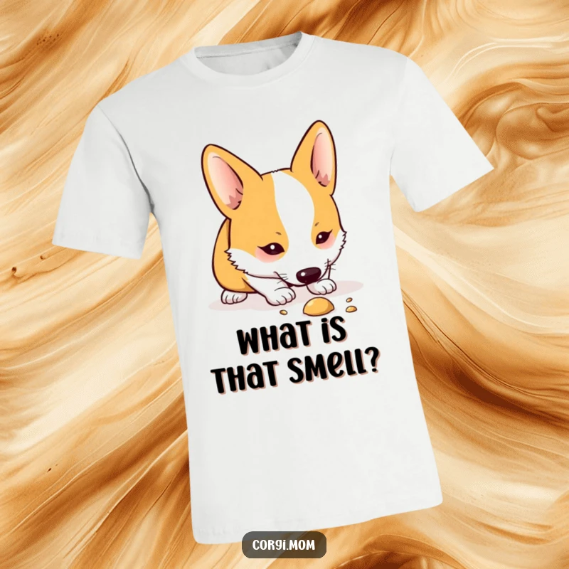 Funny Kawaii Corgi t-shirt featuring a cute dog intently sniffing the ground, designed for those with a curious and playful personality.